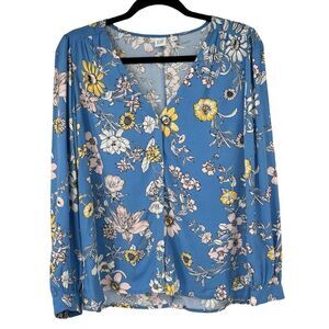 Gap Blue Pink Floral‎ V Neck Button Up Blouse